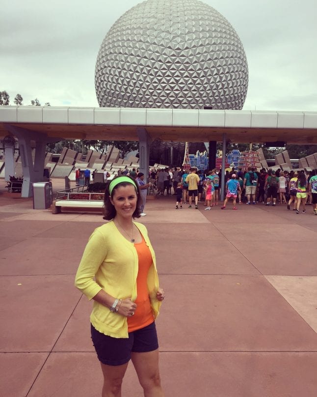 Disneybound outfit resembling Goofy on a woman standing in front of Epcot