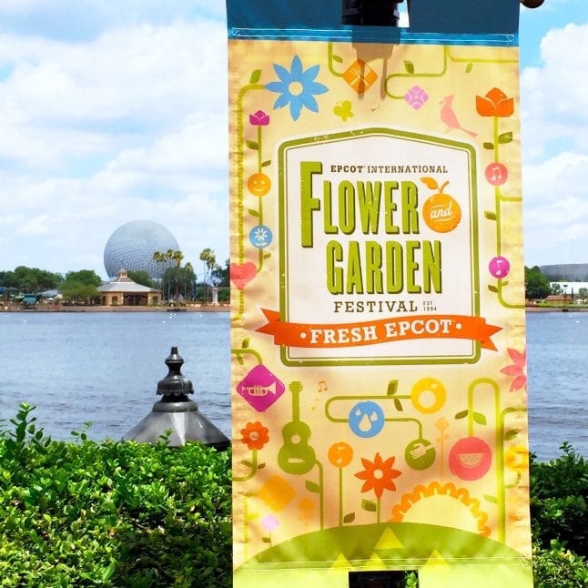 Colorful sign posted for Epcot Flower and Garden Festival.