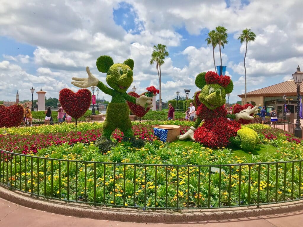 Mickey and Minnie topiaries at World Showcase entrance