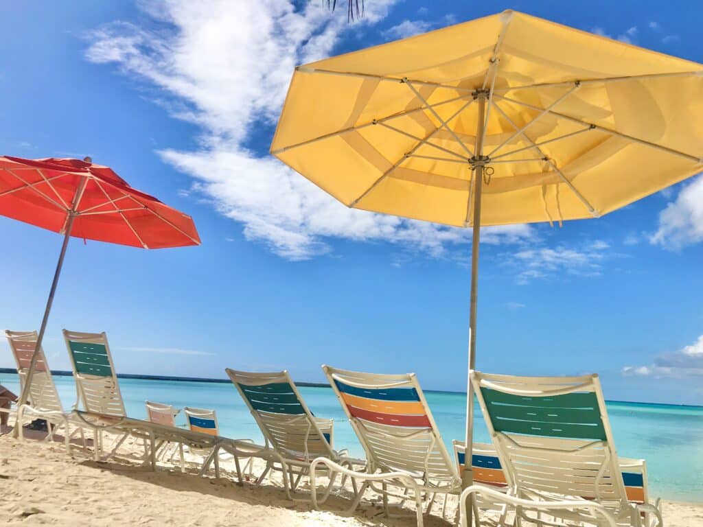 Beach chairs and umbrellas
