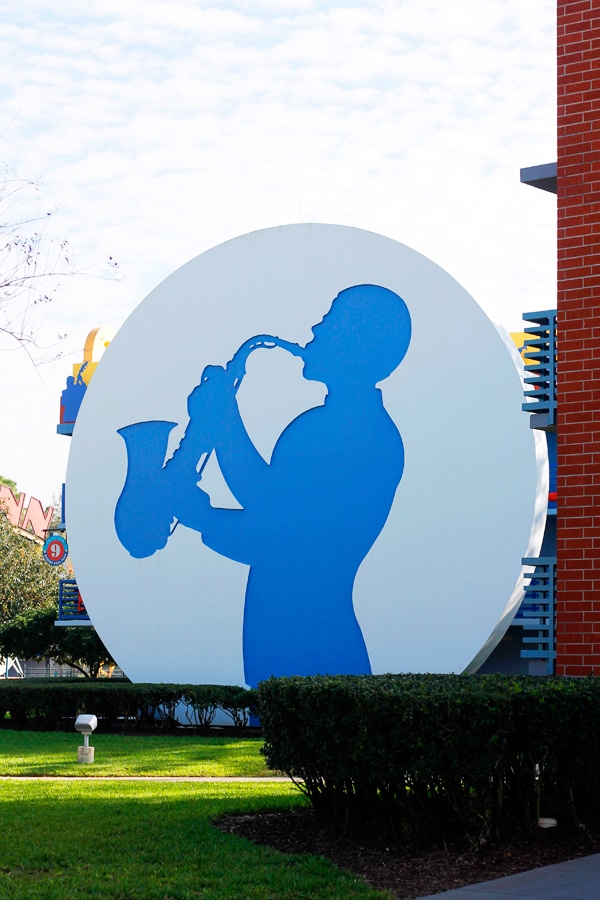 Whimsical décor outside jazz building at Disney's All-Star Music hotel