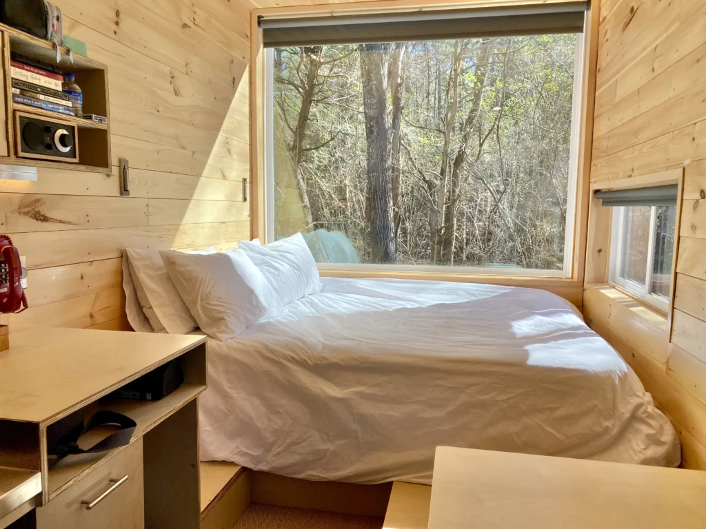Bed area inside Getaway Cabin
