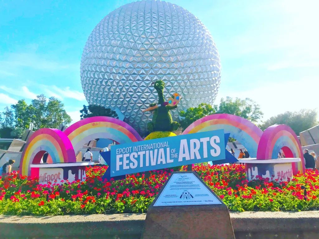 Entrance to Epcot decorated for Festival of the Arts.